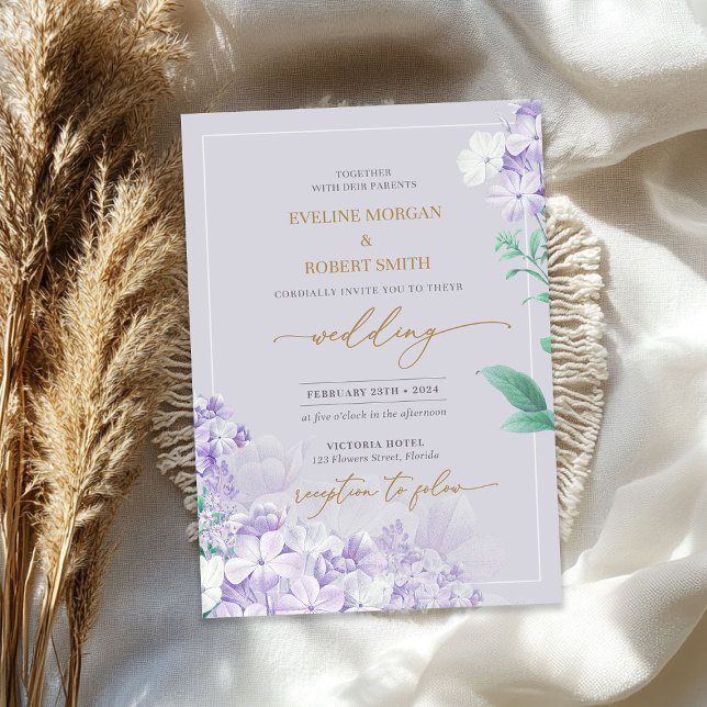 Invitation Elégante aquarelle violet printemps lilas or (Elegant watercolor purple spring lilac flower gold invitation)