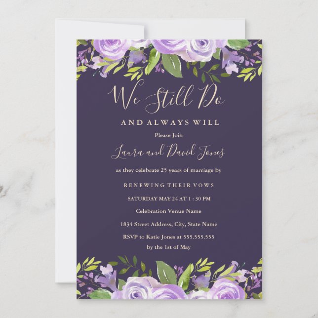Invitation Elégante aquarelle violet renouveau du vow floral (Devant)