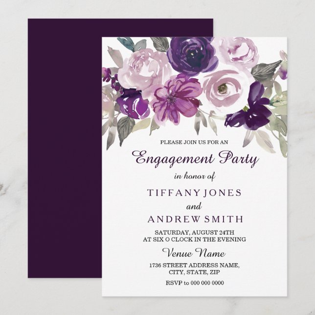 Invitation Elégante Aquarelle violette Fleur d'engagement (Devant / Derrière)