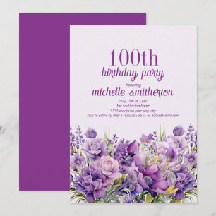 Invitation Elégante aquarelle violette florale 100e anniversa