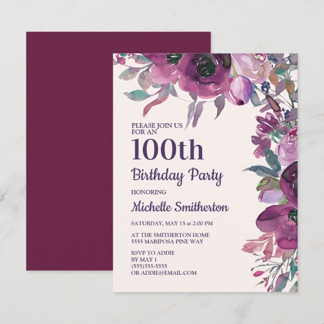 Invitation Elégante aquarelle violette florale 100e anniversa (Devant / Derrière)