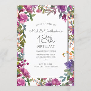 Invitation Elégante Aquarelle violette Florale 18e anniversai