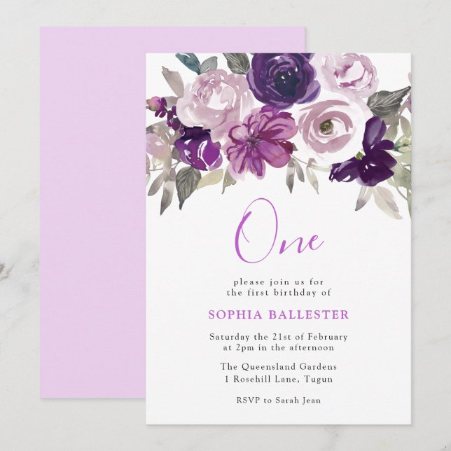 Invitation Elégante Aquarelle violette Florale 1er anniversai (Devant / Derrière)
