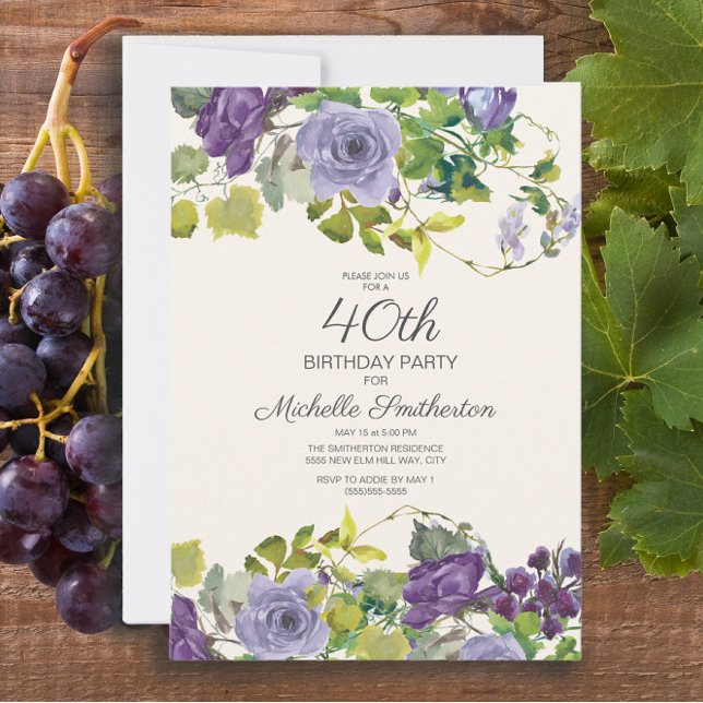 Invitation Elégante aquarelle violette Florale 40e anniversai (Elegant purple watercolor floral 40th birthday party invitation for women)