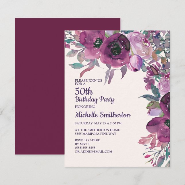 Invitation Elégante Aquarelle violette Florale 50e Anniversai (Devant / Derrière)