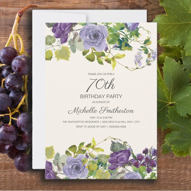 Invitation Elégante aquarelle violette Florale 70e anniversai (Elegant purple watercolor floral 70th birthday party invitation for adults. )