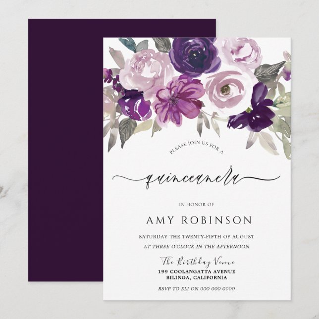 Invitation Elégante Aquarelle violette Florale Quinceanera Pa (Devant / Derrière)