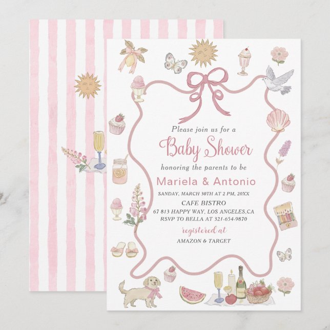 Invitation Elégante aquarelle Whimsical Summer Doodles Baby (Devant / Derrière)