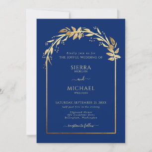 Invitation Elégante Arche Mariage Royal Blue et Gold Foliage