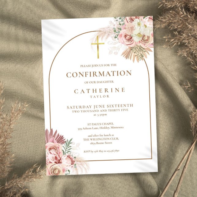 Invitation Élégante Arche Or Pampas Confirmation Florale Gras (Elegant Gold Arch Pampas Grass Floral Confirmation Invitation)