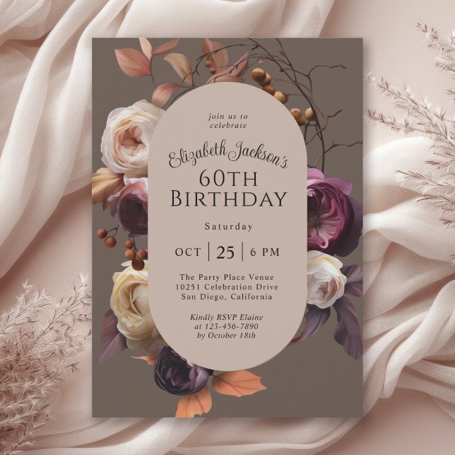 Invitation Elégante Automne Floral 60e fête d'anniversaire (Available in both printed and instant download digital formats.)