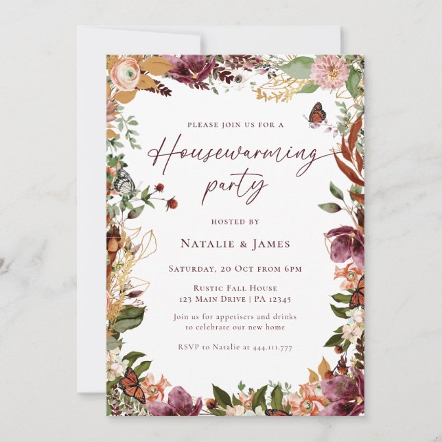 Invitation Élégante Automne Floral Houseécher Party (Devant)
