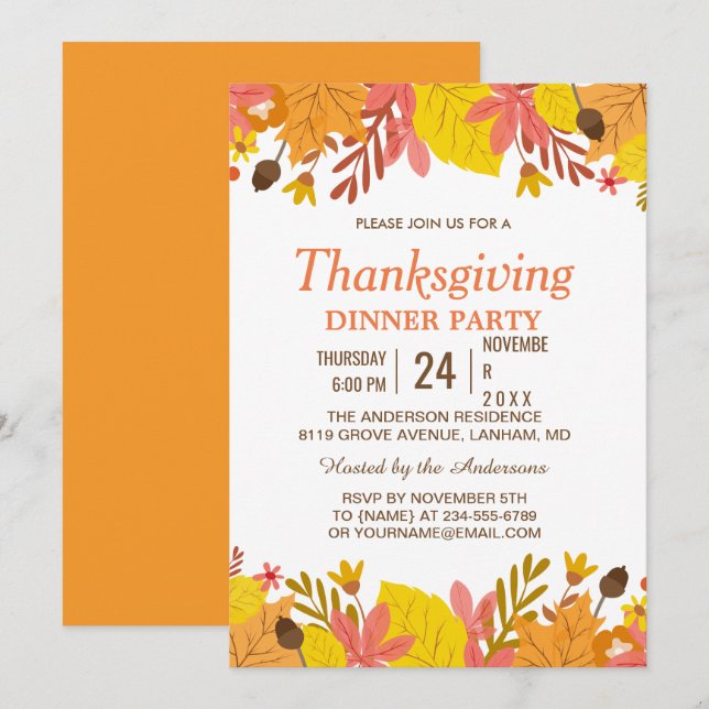 Invitation Élégante Automne part Thanksgiving Dîner fêté (Devant / Derrière)