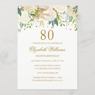 Invitation élégante avec fleurs dorées pour 80e an
