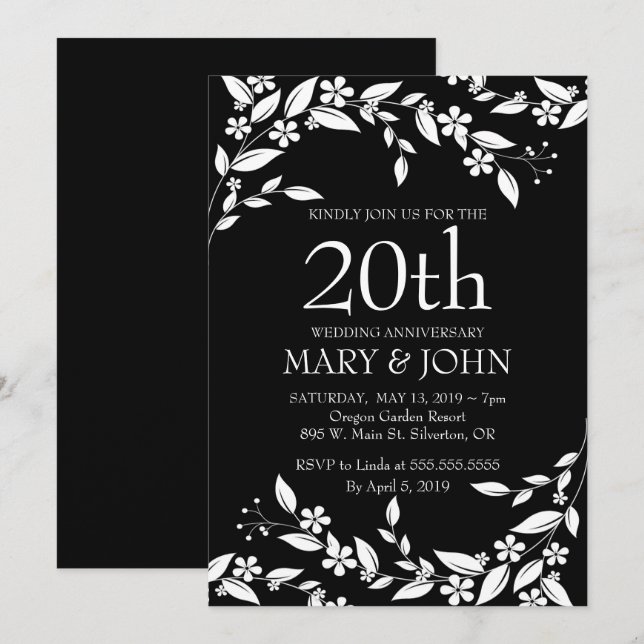 Invitation élégante avec motif floral pour le 20e  (Devant / Derrière)