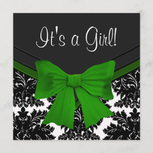 Invitation Élégante Baby Shower Black Damask Vert Émeraude