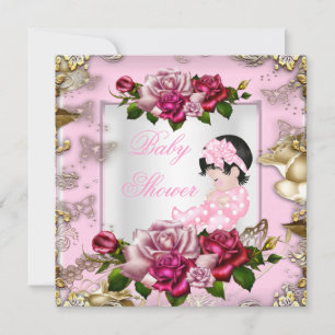 Invitation Élégante Baby Shower Fille Roses Roses Blanches Or