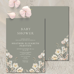 Invitation Élégante Baby Shower Fleur des Champs Vert Sauge