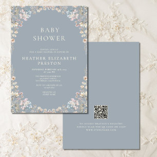 Invitation Élégante Baby Shower Fleur Sauvage Code QR Bleu Po