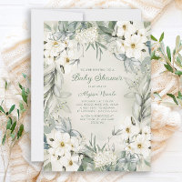 Élégante Baby Shower Fleurs Blanches Feuilles Vert