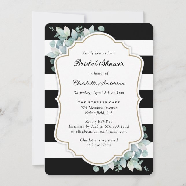 Invitation Élégante Baby Shower Noir et Blanc avec Feuillage (Devant)
