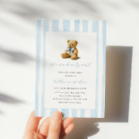 Élégante Baby Shower Ours en Peluche Rayures Bleue