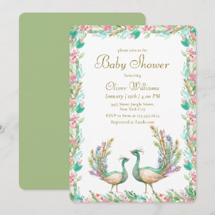 Invitation Élégante Baby Shower Paon Jardin Floral Émeraude