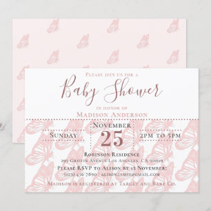 Invitation Élégante Baby shower Pastel Pink Butterfly Girl