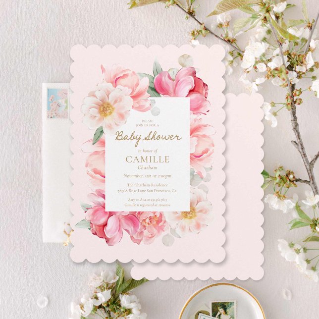 Invitation élégante Baby shower rose (Elegant Watercolor Pink floral Baby Shower Invitation)