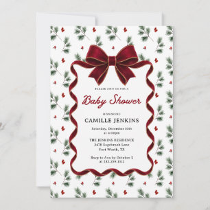 Invitation Élégante Baby Shower Ruban Rouge de Noël