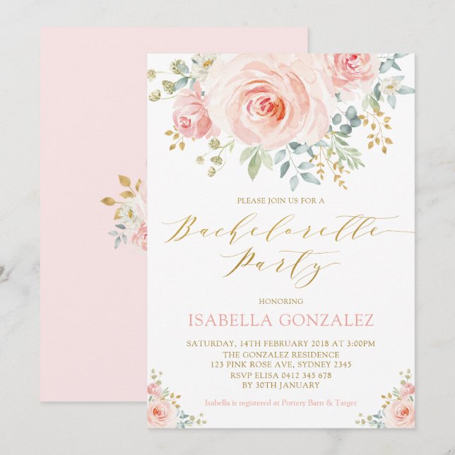 Invitation Élégante Bachelorette florale dorée rose (Devant / Derrière)