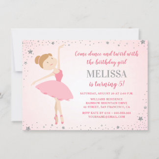 Invitation Elégante Ballerina rose argent étoiles fille Anniv