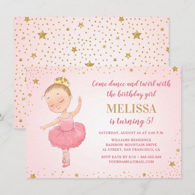 Invitation Elégante Ballerina Rose Gold Parties scintillant f (Devant / Derrière)