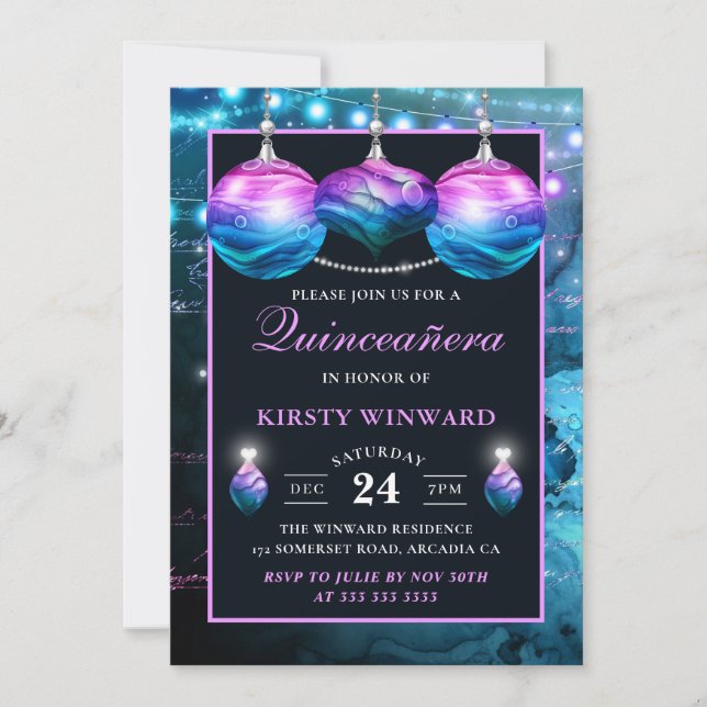 Invitation Elégante Baubles de sirène bleu et pourpre Quincea (Devant)