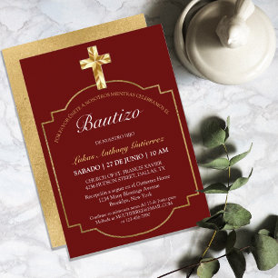Invitation Elegante Bautismo de Niños Con Cruz Dorada Borgoña