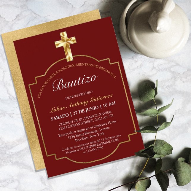Invitation Elegante Bautismo de Niños Con Cruz Dorada Borgoña (MODERN BURGUNDY GOLD CROSS BAUTIZO SPANISH LANGUAGE)