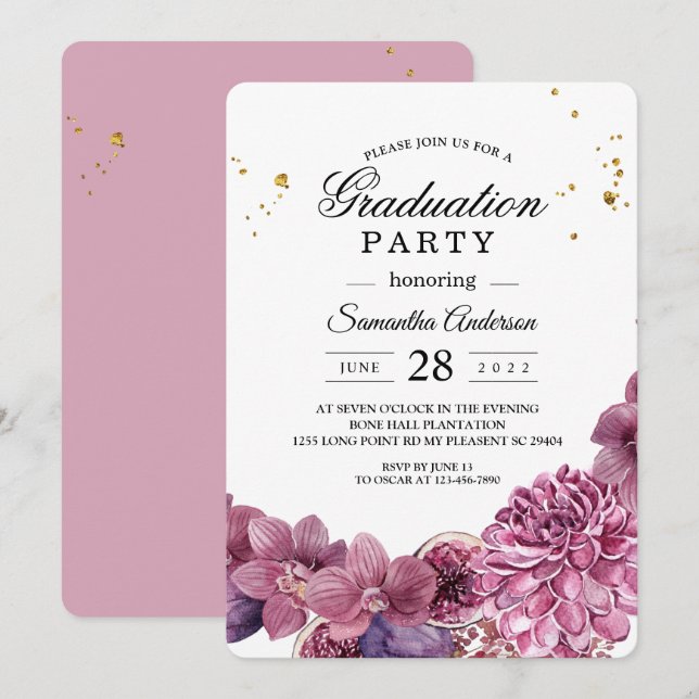 Invitation Elégante Beauté Aquarelle rose & pourpre Orchidées (Devant / Derrière)