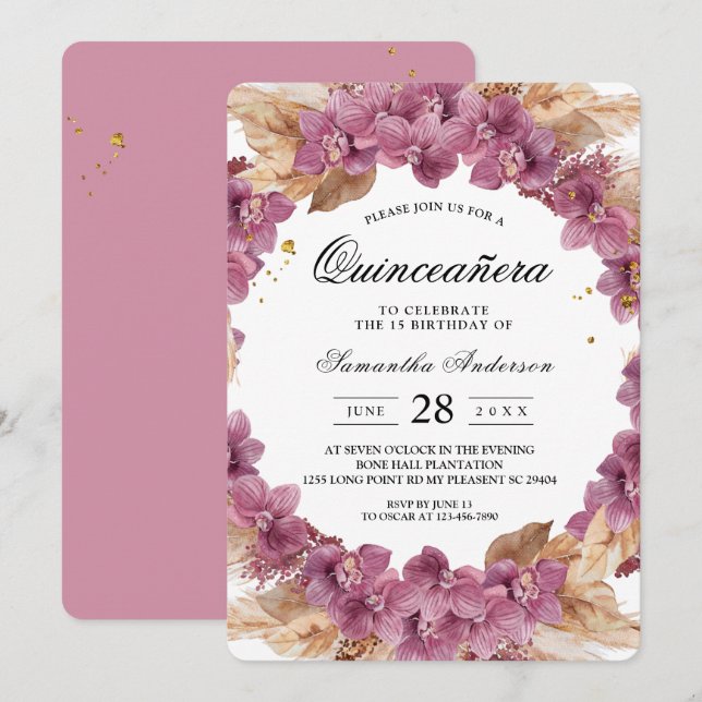 Invitation Elégante Beauté Rose Aquarelle Orchidée & Pampas (Devant / Derrière)