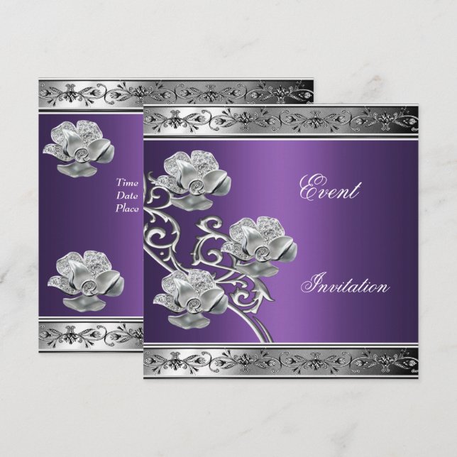 Invitation Élégante Bijou Floral Violet Argent (Devant / Derrière)