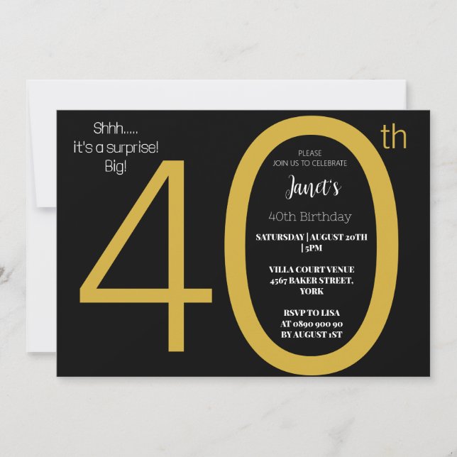 Invitation Elégante Black and Gold Surprise quarante Annivers (Devant)
