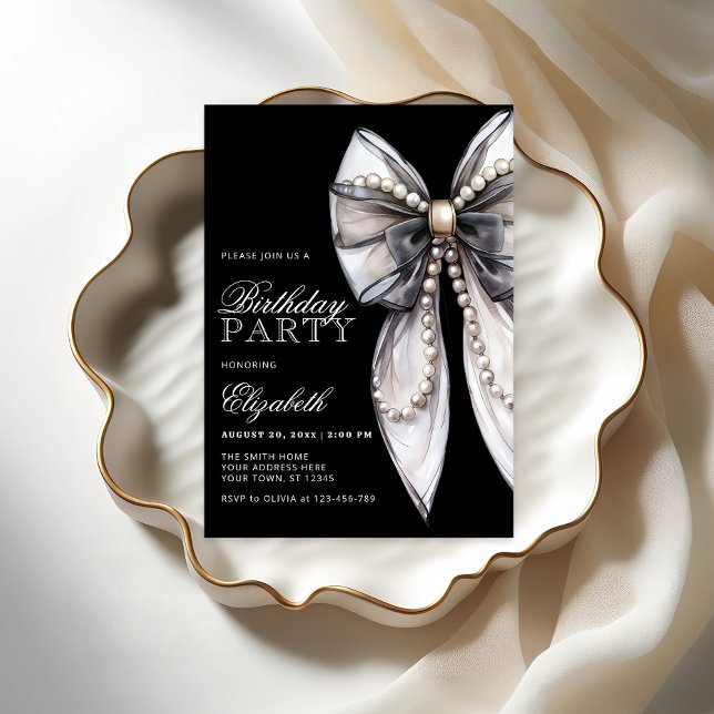 Invitation Elégante Black Bow et Pearl Birthday Party (Créateur téléchargé)