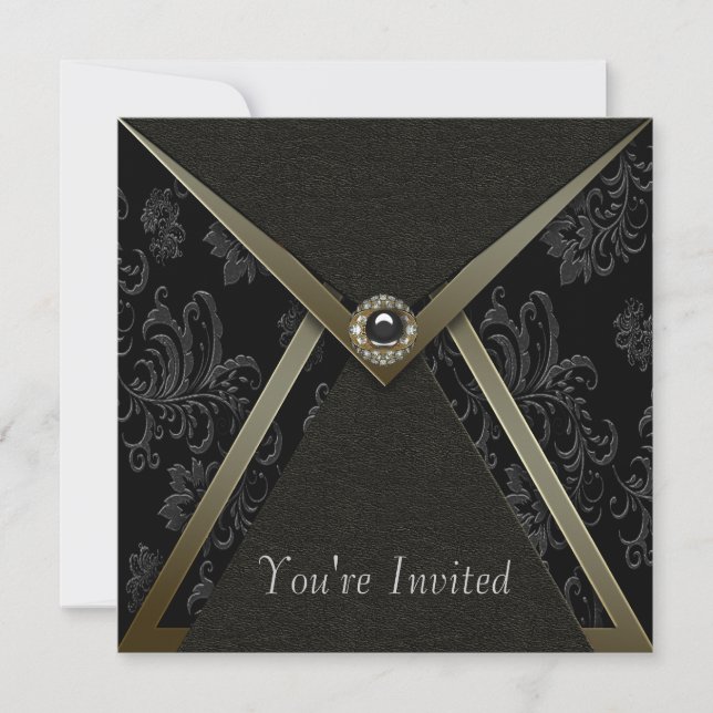 Invitation Elégante Black Damask Black and Gold Party (Devant)