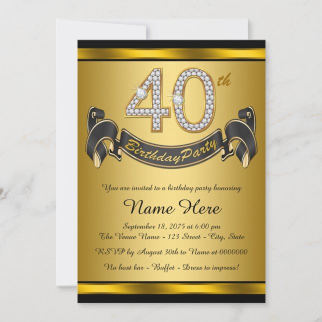 Invitation Elégante Black Gold 40th Birthday Party (Devant)