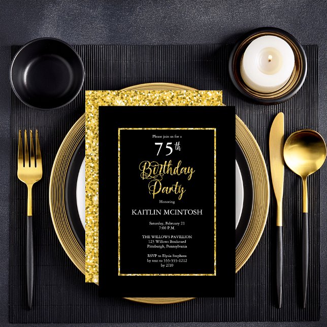 Invitation Elégante Black Gold 75e fête d'anniversaire (Elegant Black and Faux Gold Butterflies 75th Birthday Party  Party Invitation - Print | Digital )