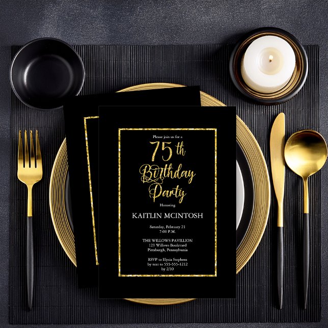 Invitation Elégante Black Gold 75e fête d'anniversaire (Elegant Black and Faux Gold Butterflies 75th Birthday Party  Party Invitation - Print | Digital)