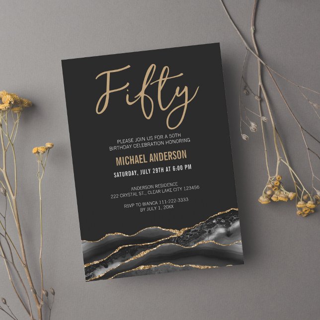Invitation Elégante Black Gold Agate 50e fête d'anniversaire (Créateur téléchargé)