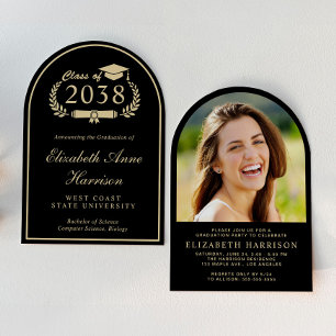 Invitation Élégante Black Gold Arch Photo Party Graduation
