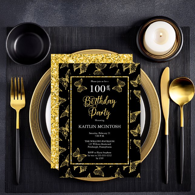 Invitation Elégante Black Gold Butterflies 100 Anniversaire (Elegant Black and Faux Gold Glitter Butterflies 100th Birthday Party Invitation - Print | Digital)