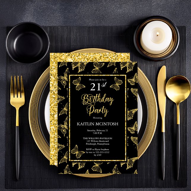 Invitation Elégante Black Gold Butterflies 21e fête d'anniver (Elegant Black and Faux Gold Glitter Butterflies 21st Birthday Party Invitation - Print | Digital)