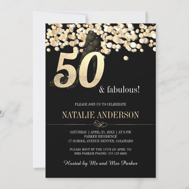 Invitation Elégante Black Gold Confetti 50e fête d'anniversai (Devant)